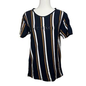 D&F Ricky Singh Navy Tan Striped Short Sleeve T-shirt Size M MCMXCII Pullover